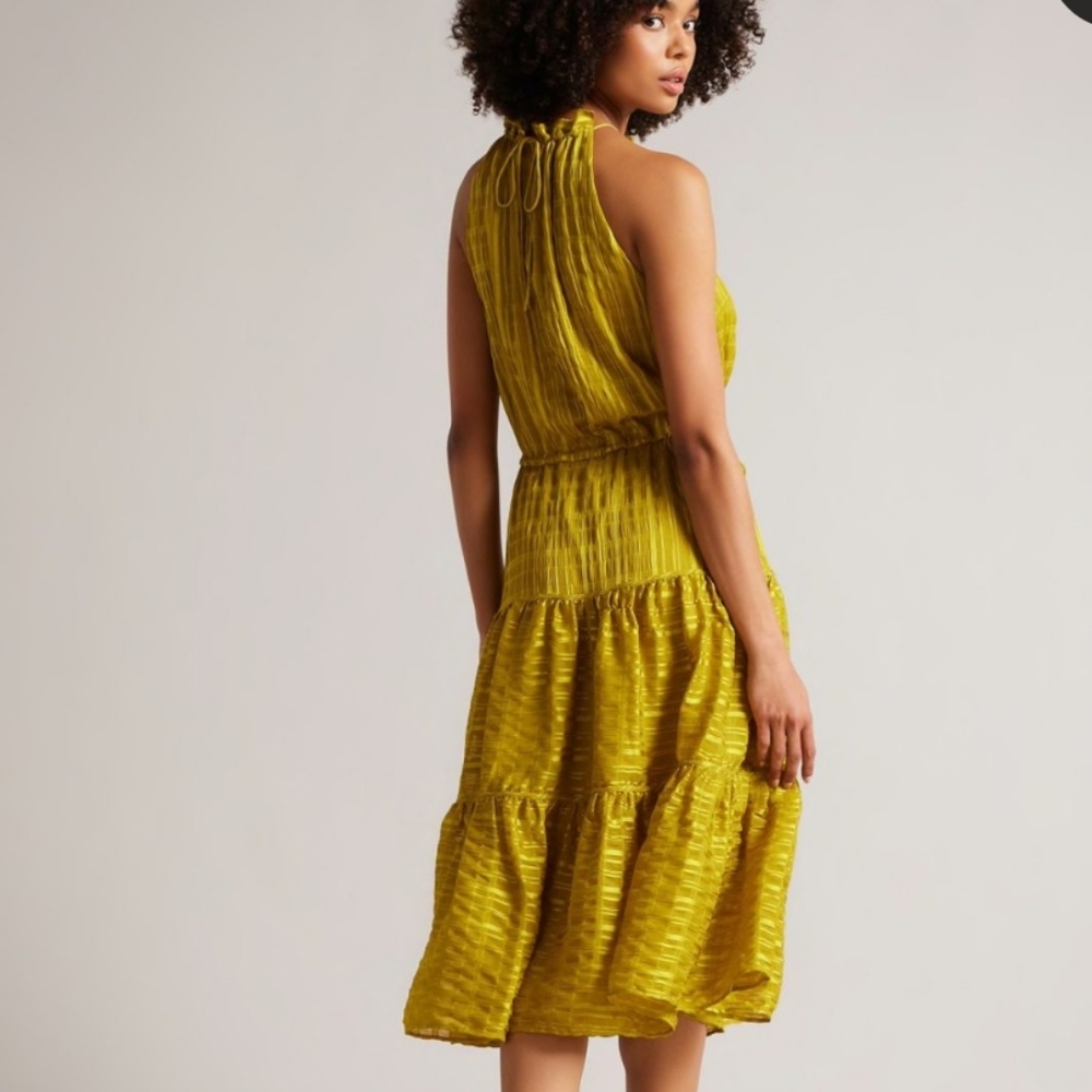 TED BAKER London Eymilia Chartreuse Tiered Halter Neck Shirred Midi Dress XS - Picture 2 of 11